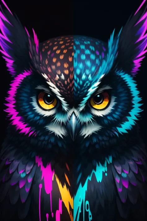 Extreme quality, nffsw, Detailed face+Eyes, (Bright colors), Splashes of color background, colors mashing, , Complementary color scheme, Electric, neons, Magical,Colorful straight line background,Owl vs bat,modern fine art,sideways Facing,Looking at the ca...