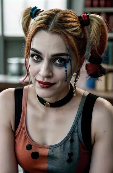 face and bust portrait of harley quinn wearing a tank top, best quality, absurdres, sharp focus, by arny freytag,