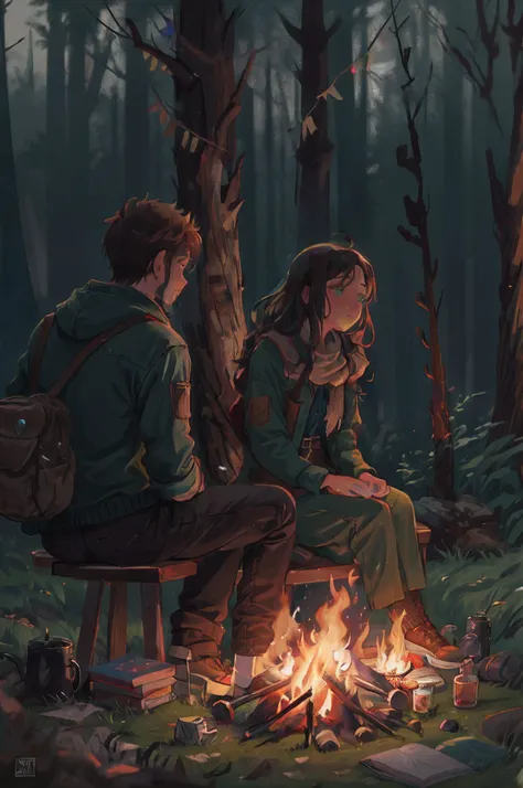 There are two people sitting around a campfire in the woods, arte do jogo de RPG, Anato Finnstark e Alena Aenami, Arte no estilo de Guweiz, em uma fogueira na floresta, rob rey and kentarõ miura, rob rey and kentarõ miura style, Artgerm e Atey Ghailan