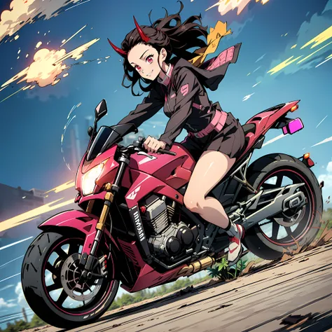 (masterpiece, best quality:1.2), kimetsu no yaiba style, kamado nezuko, (1girl, solo), 20years old, full body, (black and pink rider suit), (red demon horns, red eyes), evil smile, BREAK (driving motorcycle on the city with high speed, keep wheelie, yhmoto...