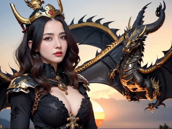 Professional , ​masterpiece、top-quality、photos realistic , depth of fields （Gemstone Black Metal Body:1.９),(Enamel Black、（cleavage of the breast）、（Chinese Dragon）、Dragon Gold Weapon（Dragon Metal Body:1.４),Gorgeous gold weapons ,（（ Dragons dense and gorgeou...