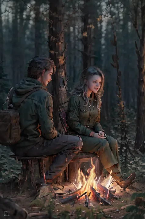 there are two smiling people sitting around a campfire in the woods, arte do jogo de rpg, anato finnstark e alena aenami, art no...