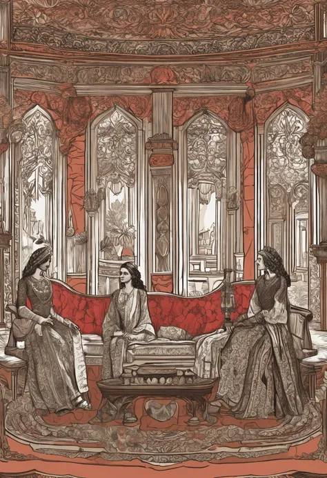 gaca an image of ancient palace or castle, where two women are in the kings room. Their voices convey tension and anger. The living room is spacious, with walls lined with elaborate tapestries and tall windows that let sunlight in.. The decoration is far-f...