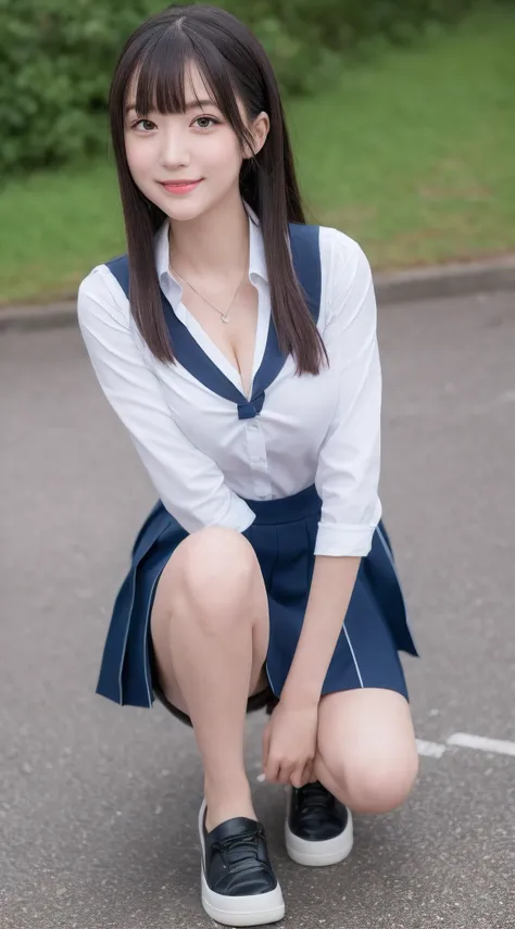 Anime girl in school uniform lies on the ground with her legs crossed, a hyperrealistic schoolgirl, the anime girl is crouching, a hyperrealistic schoolgirl, Realistic Schoolgirl, Seductive Anime Girl, Gapmoe Yandere, Smooth Anime CG Art, sakimichan, Ecchi...