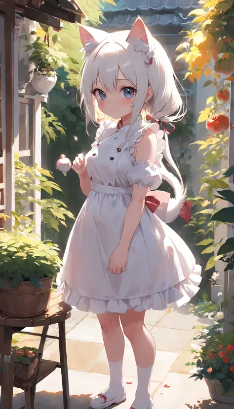 Anime cat ear girl standing in garden in white dress, Make breakfast in the kitchen，loli in dress, small curvaceous loli, Guviz-style artwork, Guweiz in Pixiv ArtStation, Guweiz on ArtStation Pixiv, Guviz, small loli girl, Soft anime illustration, Anime vi...