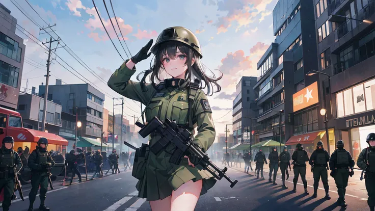 A girl in a green military uniform，grinning smile，Shy，Warm street lights，down town，Superskirt，Saluting，Wear a steel helmet，The steel helmet has a solid red five-pointed star，Long legs are exposed，Shooting stars dart across the sky，Riot police confront the ...