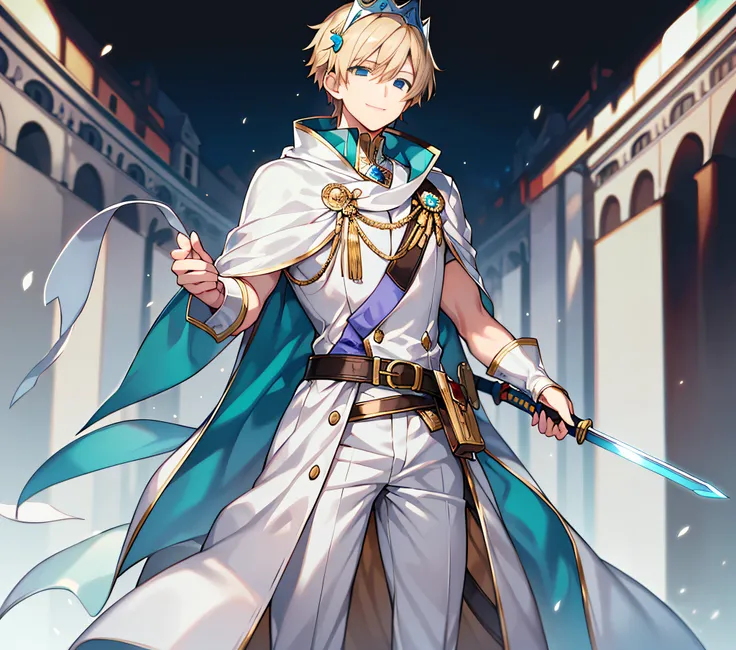 1boy, young adult man, friendly smile, calm look, tall body, looking at camera, light blond hair, short hair, teal eyes, white skin, detailed. small royal headpiece, white shirt, black belt, brown pants. Accessory, long cape, white cape, 1 shining silver l...