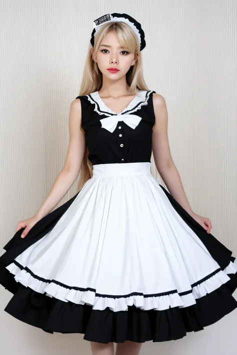 Black and white maid outfit with long blonde hair