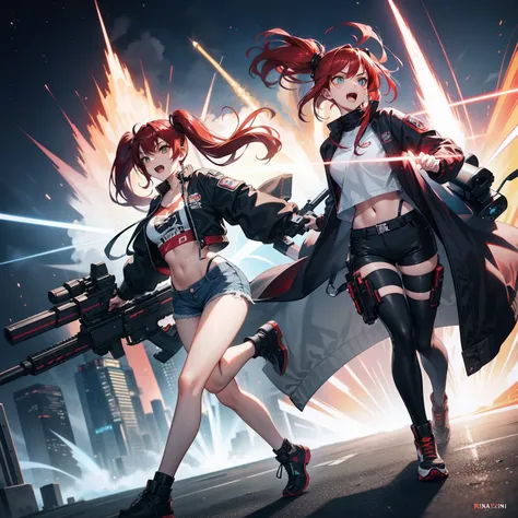 Full body shot, female asian Irina Shidou red hair twintails green eyes, in a cyberpunk city, wearing a bomber jacket and crop top and denim shorts, standing next to a Nissan GT-R, holding a big machine gun, holding a long laser rifle, shooting laser rifle...