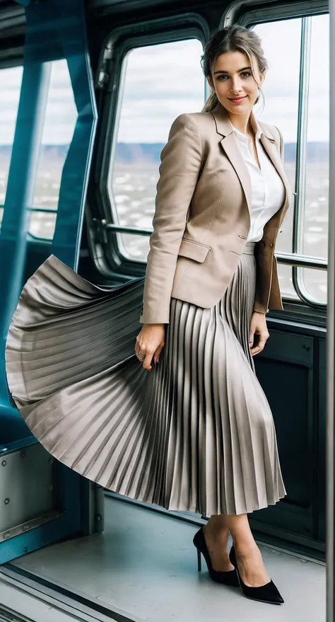 very (flirty:1,5) smiling good woman wearing a short blazer with a very very detailed (long (fully pleated) full circle skirt) a...