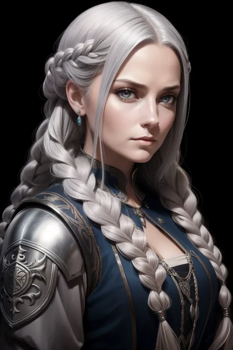 portrait, female, thirty years old, very beautiful, serious face expression, silver hair, long hair, hair styled in plaits, dungeon and dragons, elegant medieval clothes