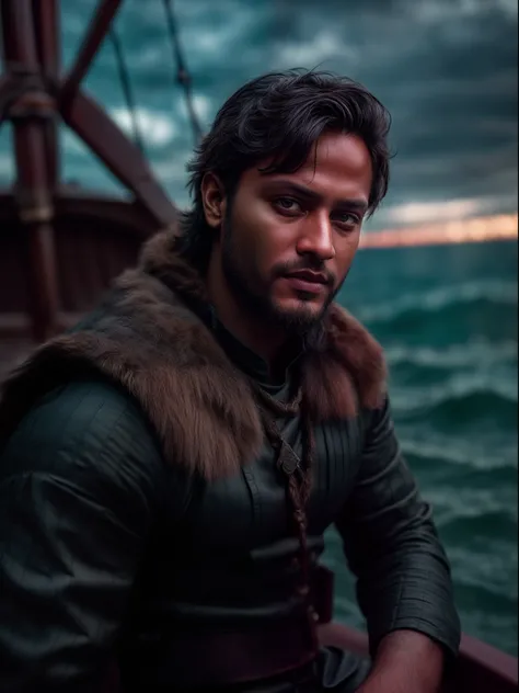 Realistic 16k image of Shakib al hasan as Ragnar Lothbrok (with black hair) onboard a viking longship, ((low angle hero shot)), (Upper body closeup), show Shakib as Ragnar navigating treacherous waters, Shakib al hasan as Ragnar is navigating his crew, sho...