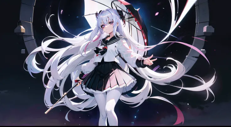 Long white hair, Deep purple eyes, Black pleated skirt，Inside was a white sailor suit，wearing white pantyhose,, An anime character, Only one person，Holding an umbrella，Oyuki，nighttime scene，starrysky，Exquisite painting，k hd