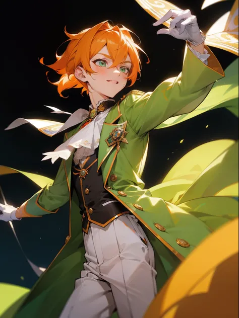 masterpiece, best quality, male character, orange hair, green eyes, fluffy hair, short ponytail, rat tail hair, short hair, composer, music, conductor, musical notes, musical, bright, stylized character design, high quality character design, detailed chara...