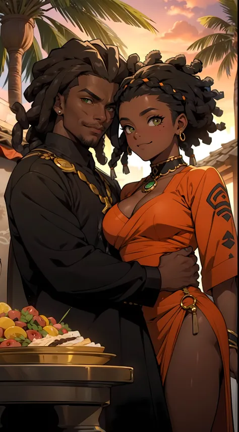 "Produza uma imagem de estilo anime que celebra o amor entre casais negros. A garota, pele negra, pele negra, pele negra 1.5, with black leather and thin African braids, possui ((olhos verdes)) encantadores. Seu parceiro, {de pele escura e cabelos: 1,5}, ...
