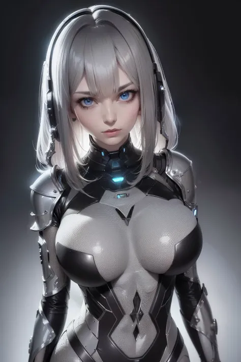 (((fractalpunk style aesthetic))) bust to waist ((half body)) ((beauty shape)) perfect skin, hyperrealistic masterpiece, (((in extremely complex & superdetailed gray plugsuit sci-fi armor))), cinematic illumination: 8k, symmetrical eyes, realistic, sharp f...