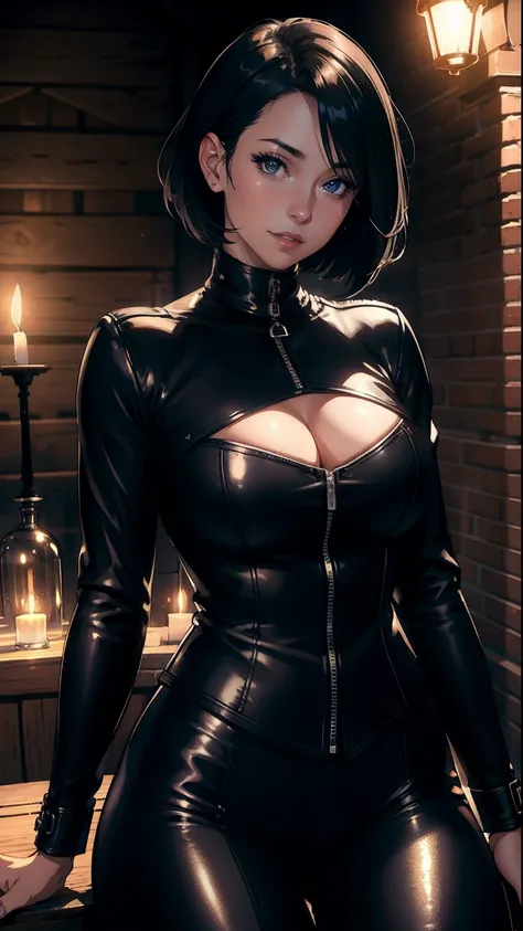 ​masterpiece, top-quality, Detailed details, Detailed landscapes, beatiful lights, Beautiful Shadows,Female sexy,32years old,Challenging look,ssmile,Short hair,Black eyes,riding outfit,Riding style,detailed skin textures, Tyndall effect,Stables,Candlelight