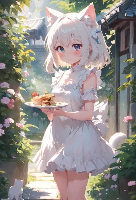 No arm frills required，Anime cat-eared girl in white dress standing in garden, Lori in dress having breakfast, small curvy loli, artwork in the style of guweiz, guweiz on pixiv artstation, guweiz on artstation pixiv, guweiz, small loli girl, soft anime ill...