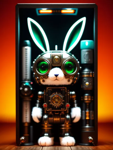 a creepy fluffy rabbit made out of metal, cyborg, cyberpunk style, clockwork, ((intricate details)), hdr, big eyes, ((intricate details, hyperdetailed)), vacuum tube or electron tube, cinematic shot, vignette, bokeh effect beckground