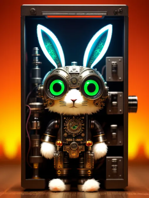 a creepy fluffy rabbit made out of metal, cyborg, cyberpunk style, clockwork, ((intricate details)), hdr, big eyes, ((intricate details, hyperdetailed)), vacuum tube or electron tube, cinematic shot, vignette, bokeh effect beckground