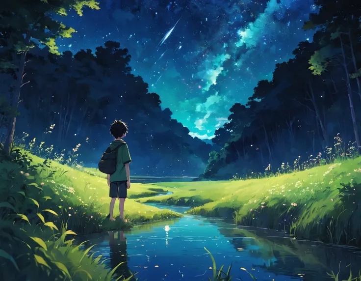 Forest, Starry Sky, Night, River, Meadow, Boy, Summer, Green, Freedom