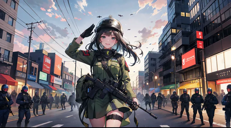 A girl in a green military uniform，grinning smile，Shy，Warm street lights，down town，Superskirt，Saluting，Wear a steel helmet，The steel helmet has a solid red five-pointed star，Long legs are exposed，Shooting stars dart across the sky，Riot police confront the ...