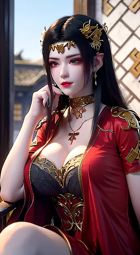 1 very beautiful queen medusa dressed in hanfu, thin red silk shirt，with many yellow patterns, black lace top, long hair dyed bl...