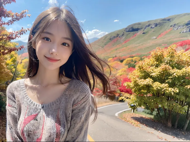 (Close up portrait of one girl with slender small breasts in colorful autumn shirt and sweater:1.5)、(Smiling girl with hair fluttering in the wind stands on the edge of the screen:1.3)、(Mountain background with wonderfully beautiful autumn leaves :1.3)、(Pe...