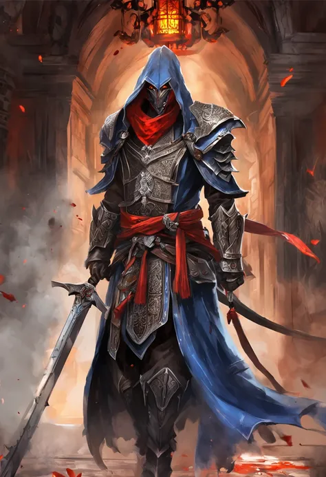 (ultra-detailed CG unit 8k wallpaper, Master parts, Best quality, depth of fields, hdr, 复杂), Tall, The sinister Dark Assassin wears a metal mask，Bright blue eyes，Light and dark armor，Behind him he wears a low-key red cloak，Holding a sharp dagger in his arm...