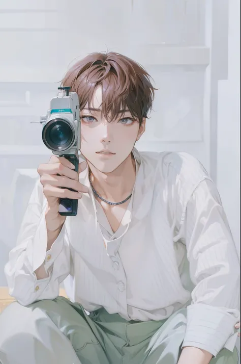 ((4k,masterpiece,best quality)), asian boys, handsome, wear casual cloth, INI, Ozaki Takumi, holding camera, detailed camera, symmetry