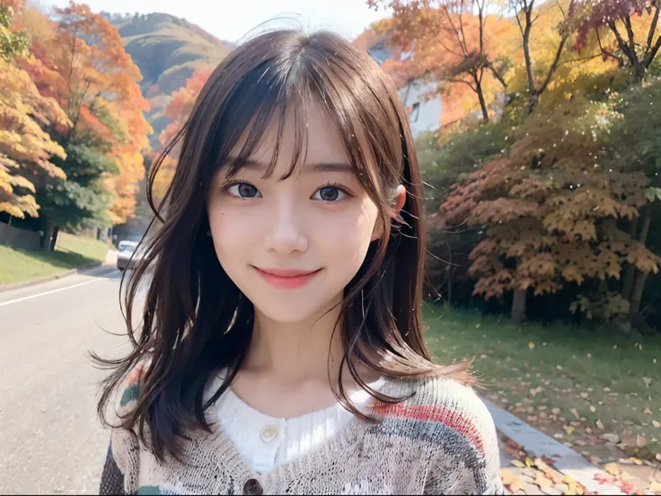 (Close up portrait of one girl with slender small breasts in colorful autumn shirt and sweater:1.5)、(Smiling girl with hair fluttering in the wind stands on the edge of the screen:1.3)、(Mountain background with wonderfully beautiful autumn leaves :1.3)、(Pe...