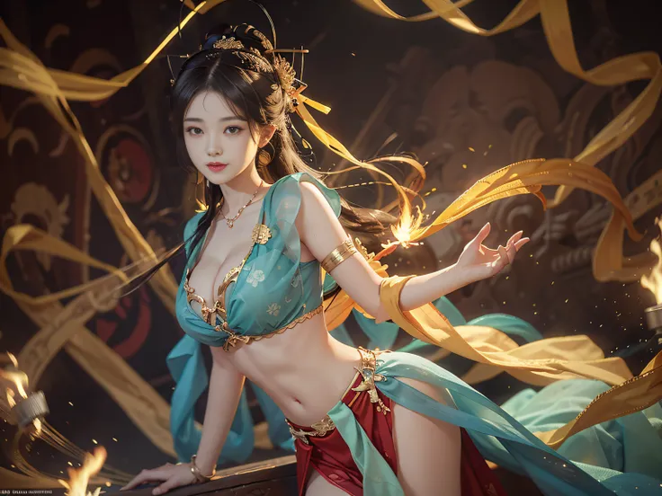 （RAW photogr，best qualtiy）， best qualtiy， The is very detailed， tmasterpiece， ultra - detailed， illustratio， one-girl， ssmile（huge boob，cleavage）， dynamic angle， best qualtiy， extremely detailed CG unity 8k wal，电影灯光，Dunhuang style