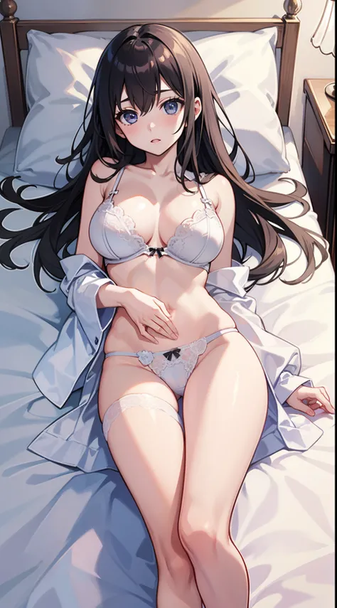 masutepiece、hight resolution、1girl in、in ones underwear only、Cute lingerie、large full breasts、Lying on your back in bed、Cute anime illustration、