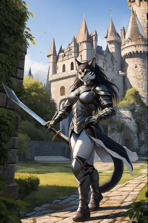 masterpiece, best quality, highres, 1female, solo, cat woman, furry, castle background, outside,  swordswoman, armor, white tights, short boots