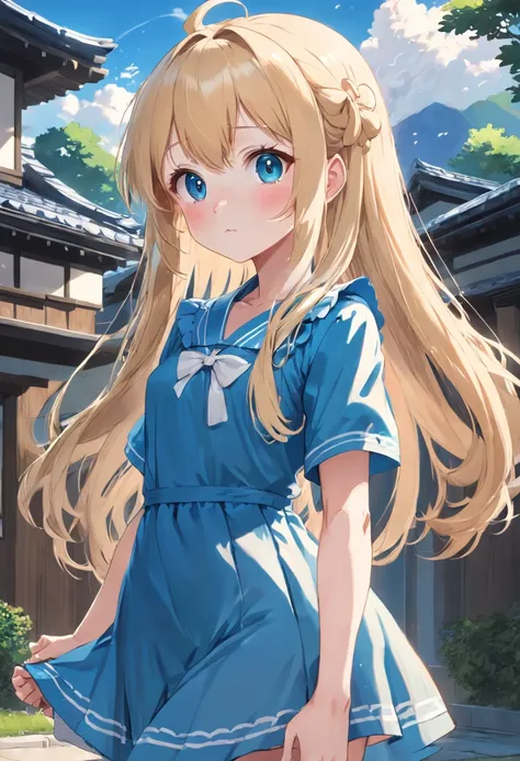 Anime girl with long blonde hair and blue dress stands in front of house, loli in dress, small curvy loli, Cute anime waifu in a nice dress, splash art anime loli, Cute anime girl, pretty anime girl, blonde anime girl with long hair, Beautiful anime girl, ...