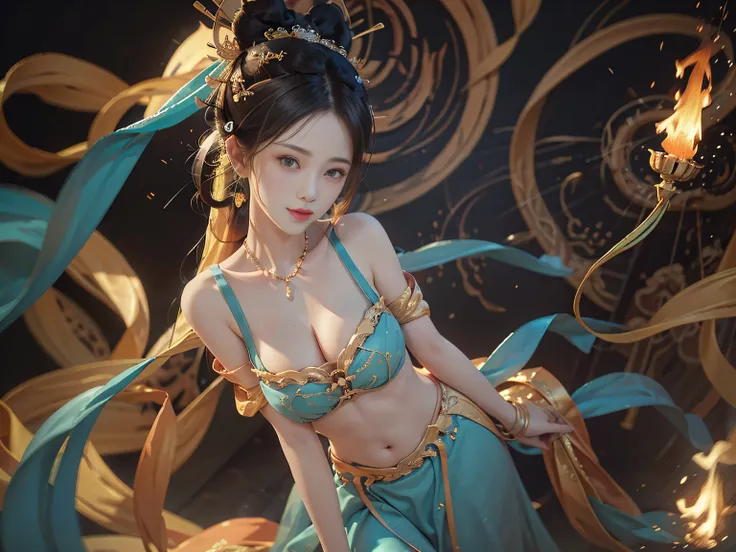 （RAW photogr，best qualtiy）， best qualtiy， The is very detailed， tmasterpiece， ultra - detailed， illustratio， one-girl， ssmile（huge boob，cleavage）， dynamic angle， best qualtiy， extremely detailed CG unity 8k wal，电影灯光，Dunhuang style