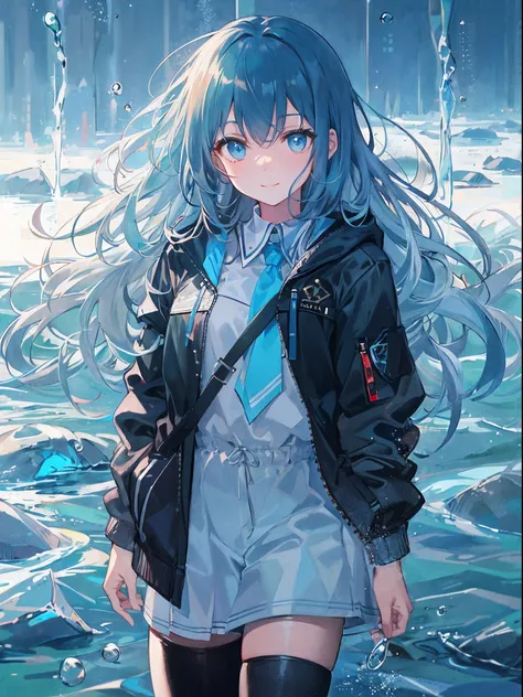 ((top-quality)), ((​masterpiece)), ((ultra-detailliert)), (extremely delicate and beautiful), girl with, 独奏, cold attitude,((Black jacket)),She is very(relax)with  the(Settled down)Looks,A dark-haired, depth of fields,evil smile,Bubble, under the water, Ai...