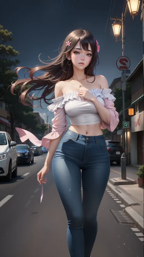 Anime girl walking down the street in tight blue jeans, Guviz-style artwork, seductive anime girls, trending on cgstation, Realistic anime 3 D style, Guviz, attractive anime girls, beautiful and seductive anime woman, Beautiful anime girl, Anime style. 8K,...