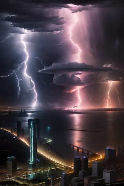 Lightning strikes over cities with rivers and bridges.., Beautiful lightning, Lightning from above, Weather Photography, Storm Lighning, Lightning storm, Epic light from above, Beatifull Bolt, Rear lightning, lighing drama, Amazing lightning, Light and thu...