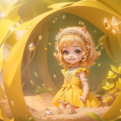 (sandbox:1.4),in a panoramic view，Solo, full body Esbian，tchibi，Cute little girl, Wearing a yellow dress，a panoramic view，Delicate headgear，ssmile，Rococo style，Glass material，crystal material，ighly detailed, cinematic lighting effect，8K，tmasterpiece，offcia...