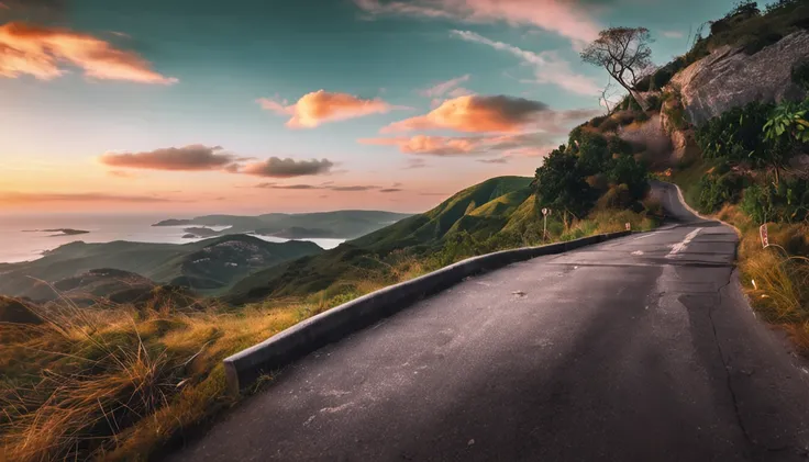 uma longa rodovia sinuosa com obstaculos e com um horizonte bem ampo