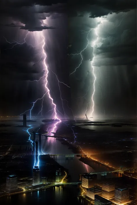 Lightning strikes over cities with rivers and bridges.., Beautiful lightning, Lightning from above, Weather Photography, Storm Lighning, Lightning storm, Epic light from above, Beatifull Bolt, Rear lightning, lighing drama, Amazing lightning, Light and thu...