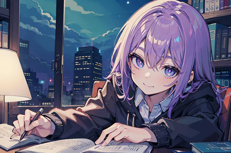 Beautiful woman　Studying　Smiling face　on desk　atlibrary　deep in the night　murky　nighttime scene　Test Preparation　Pupils　Purple hair　Beautiful eyes that seem to be sucked in