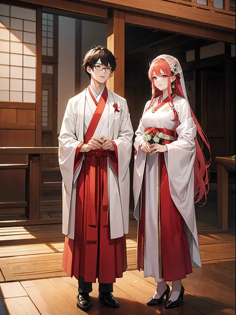 "Traditional Korean wedding: couple in elegant hwarot attire, standing at a serene wooden temple, (masterpiece:1.3), (vibrant:1"