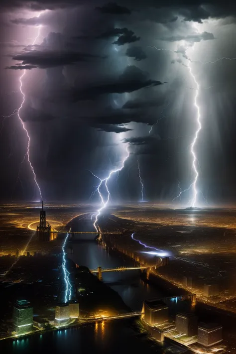 Lightning strikes over cities with rivers and bridges.., Beautiful lightning, Lightning from above, Weather Photography, Storm Lighning, Lightning storm, Epic light from above, Beatifull Bolt, Rear lightning, lighing drama, Amazing lightning, Light and thu...