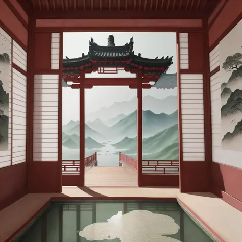 Traditional chinese painting，Faraway view，water ink，pavilion