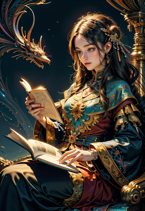 (masterpiece, top quality, best quality, official art, beautiful and aesthetic:1.2), (1girl), cute, extreme detailed,(fractal art:1.3),colorful,highest detailed, reading book, pet dog, peaceful environment