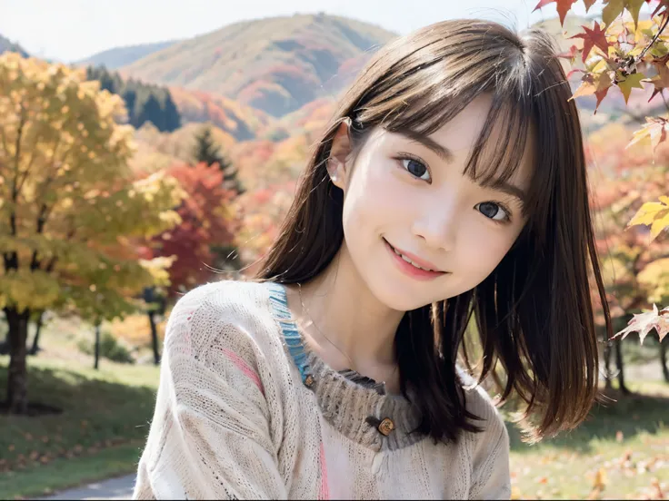 (Close up portrait of one girl with slender small breasts in colorful autumn shirt and sweater:1.5)、(Smiling girl with hair fluttering in the wind stands on the edge of the screen:1.3)、(Wonderfully beautiful autumn leaves on mountain background :1.3)、(Perf...