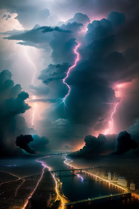 Lightning strikes over cities with rivers and bridges.., Beautiful lightning, Lightning from above, Weather Photography, Storm Lighning, Lightning storm, Epic light from above, Beatifull Bolt, Rear lightning, lighing drama, Amazing lightning, Light and thu...