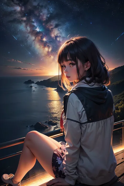 realisitic，The Milky Way shines in the night sky，Sea view，Beautiful scenery，A girl is watching from a hill in the distance